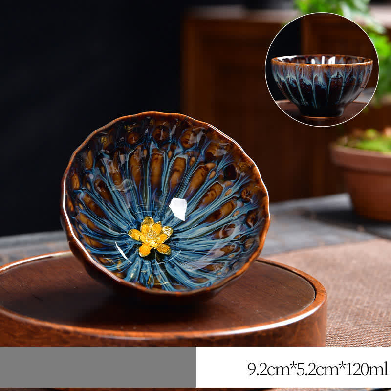 Buddha Stones蓮 孔雀 龍 鳳凰 鯉 陶器 ティーカップ 象嵌 ティーカップ 120ml - 金 - 蓮の花 - image 12
