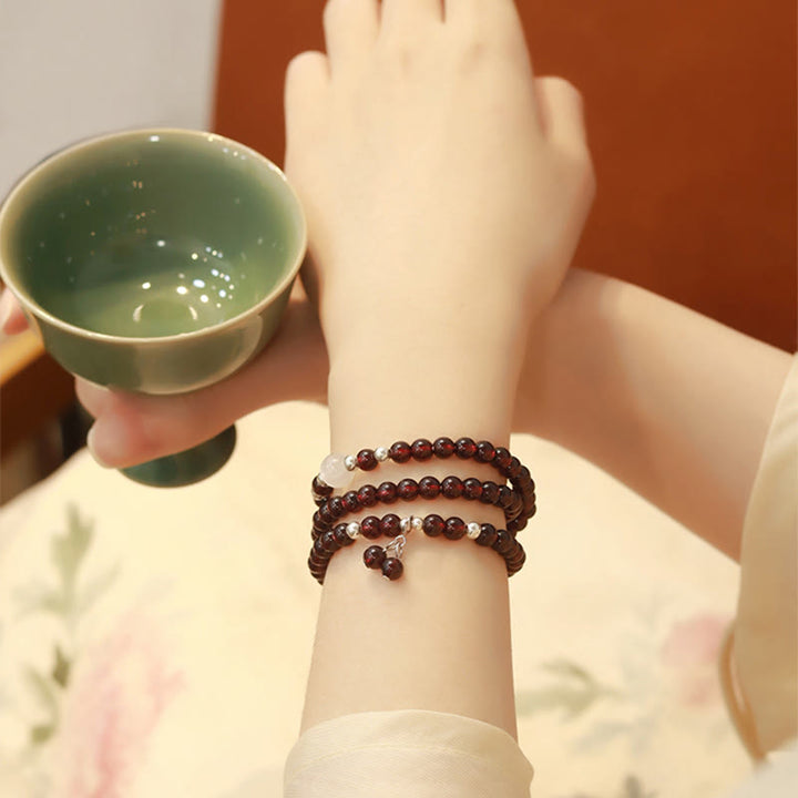 Buddha Stones 925スターリングシルバー 天然ガーネット キャットアイプロテクション トリプルラップブレスレット - image 3