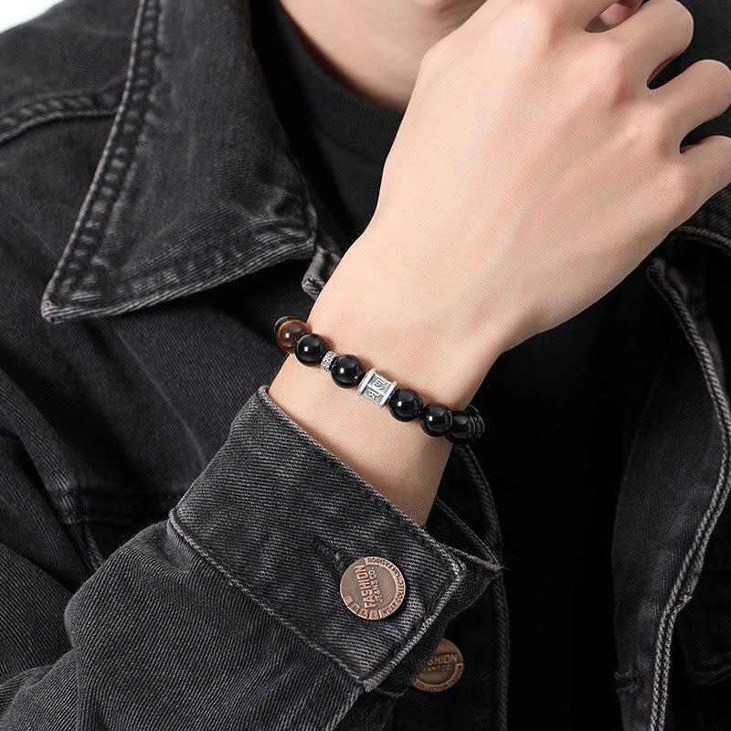 Buddha Stones999 スターリングシルバー ブラックオブシディアン タイガーアイオーム・マニ・パドメ・フムフルフィルメントブレスレット - image 6