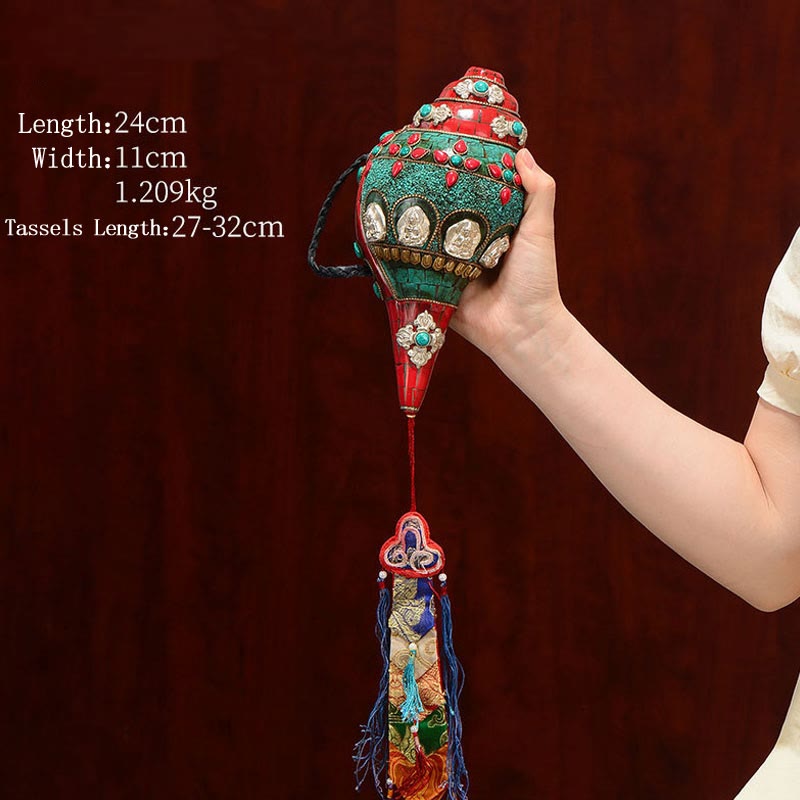 チベット手作り Shankha オーム・マニ・パドメ・フム Buddha Avalokitesvara ターコイズ コンクシェル ポジティブ装飾 - レッドターコイズ 24×11cm - image 1