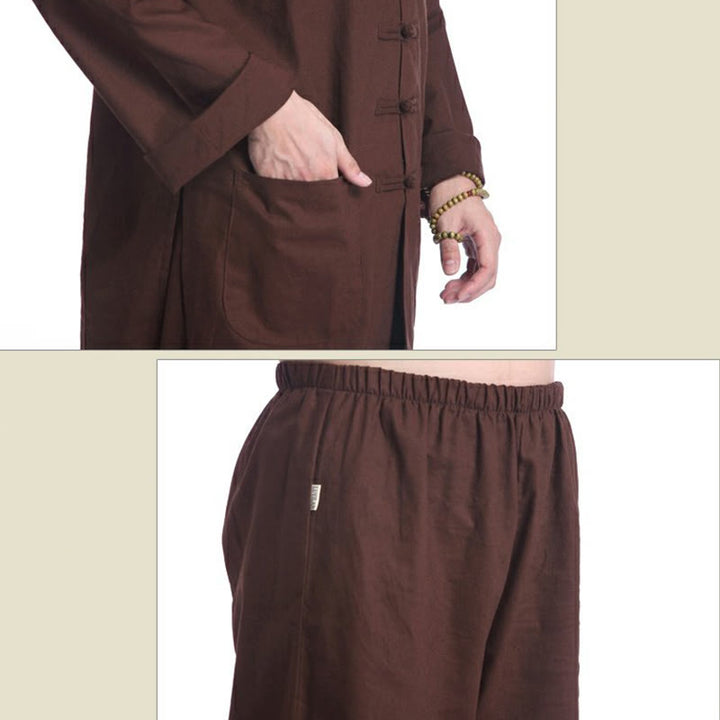 Buddha Stones中国風 カエル ボタンデザイン 瞑想 祈り コットン リネン スピリチュアル 禅 練習 ヨガ ウェア メンズ セット - image 19