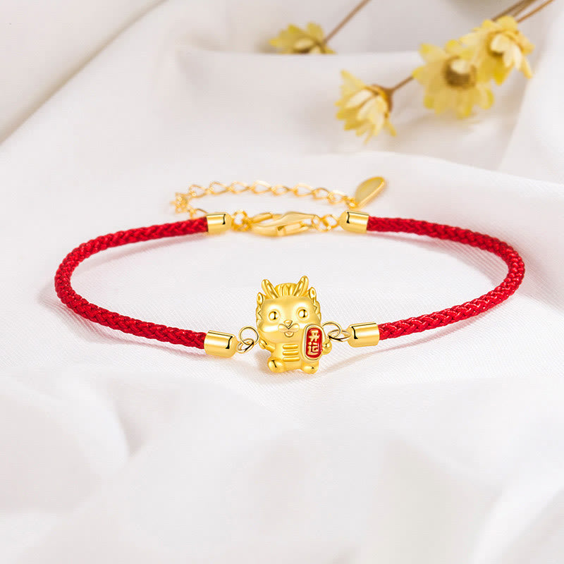 Buddha Stones925スターリングシルバー 龍年 幸運の金龍 強さ レッドロープチェーンブレスレット