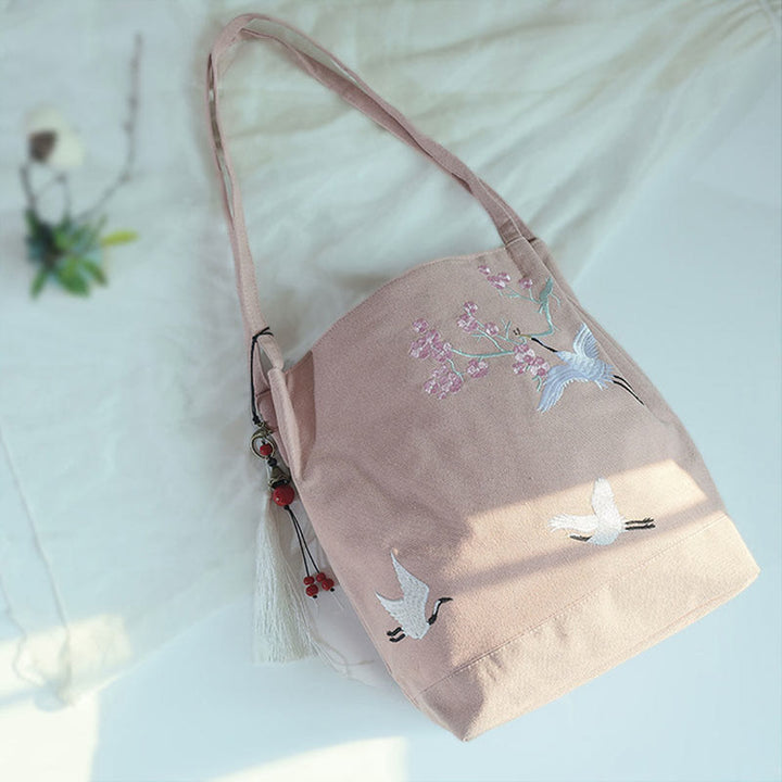 Buddha Stones鶴 梅 刺繍 キャンバス 大容量 ショルダーバッグ トートバッグ