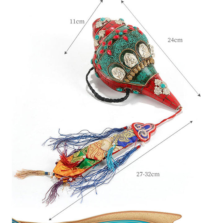 チベット手作り Shankha オーム・マニ・パドメ・フム Buddha Avalokitesvara ターコイズ コンクシェル ポジティブ装飾 - image 14