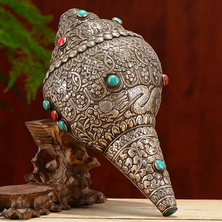 Buddha Stonesチベット 手作り 天然 シャンカ 彫刻 8つの縁起の良いシンボル ほら貝 幸運のホームデコレーション - 27.5×15cm - image 0