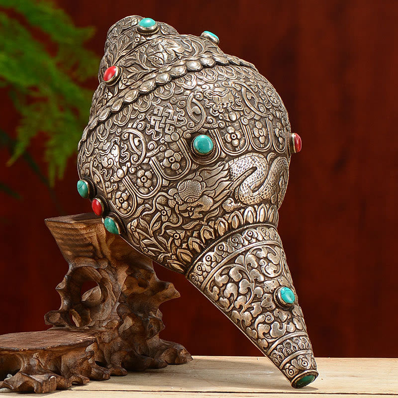 Buddha Stonesチベット 手作り 天然 シャンカ 彫刻 8つの縁起の良いシンボル ほら貝 幸運のホームデコレーション