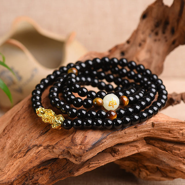Buddha Stones、中国の十二支、黒曜石、貔貅（ピクシウ）の守護Malaブレスレット