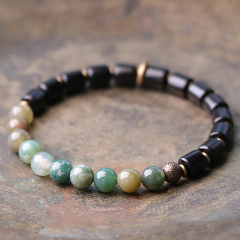 Buddha Stones、黒檀、赤ジャスパー、苔瑪瑙、水晶、銅、平和のカップルブレスレット