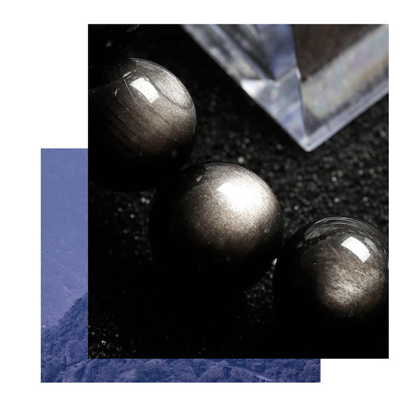 Buddha Stones天然銀光沢黒曜石 癒しの保護ブレスレット