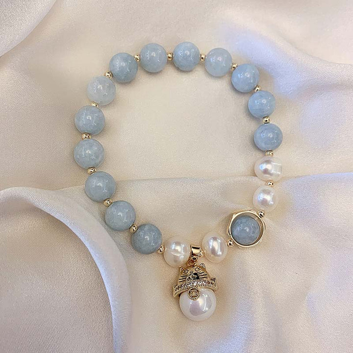 Buddha Stonesアクアマリンパール平和ヒーリングラッキーキャットチャームブレスレット - image 6