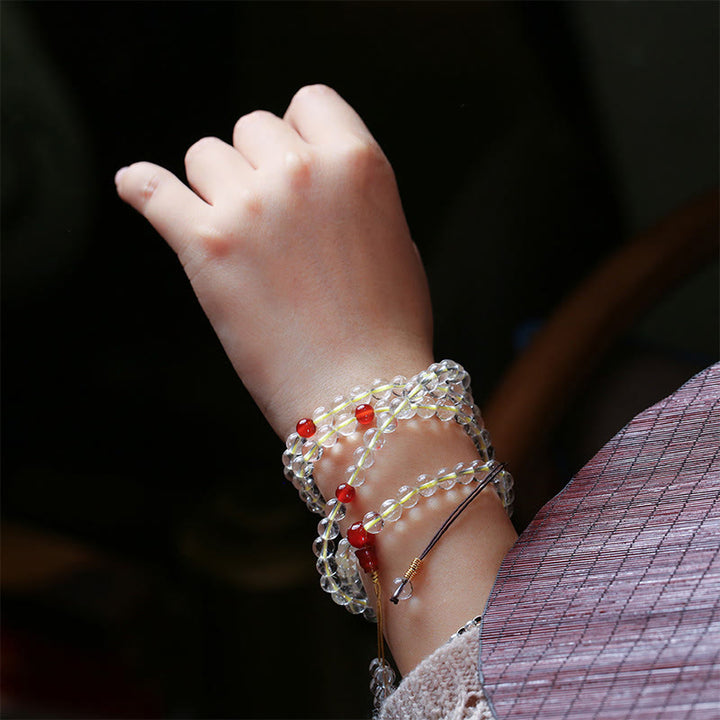 Buddha Stones 108Malaビーズ 925 スターリングシルバー 天然ホワイトアゲート レッドアゲート 4重ラップ保護ブレスレット