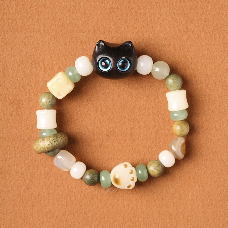 Buddha Stones菩提樹 緑白檀黒檀小葉紫檀猫の頭 足爪 平和ブレスレット - image 2