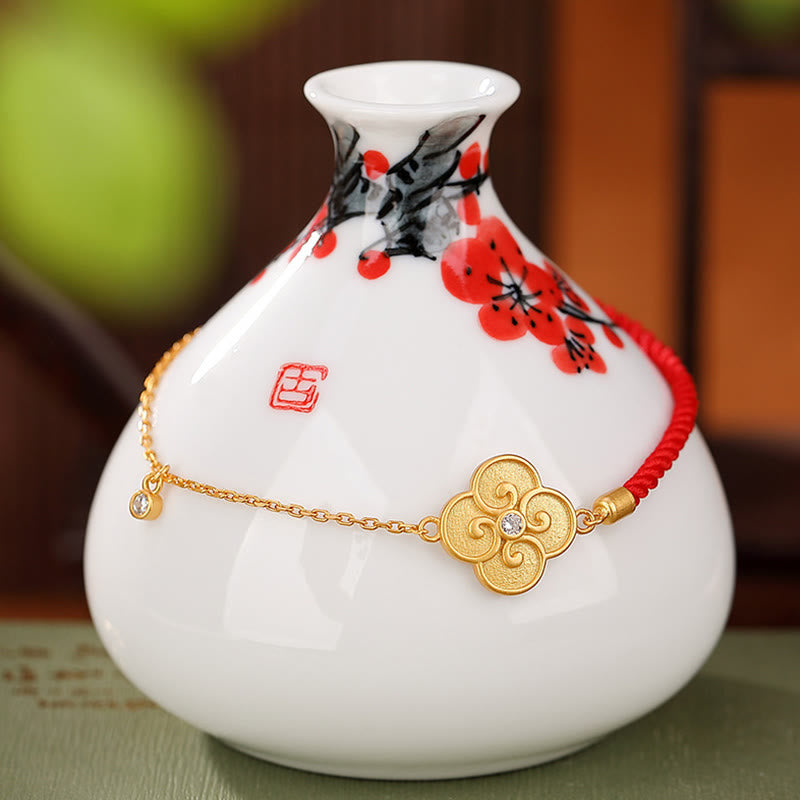 Buddha Stones925スターリングシルバー ゴールドメッキ 四つ葉のクローバー ジルコン 幸運のブレスレット
