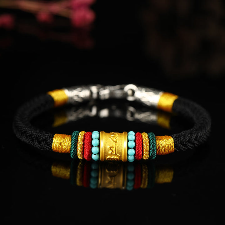 Buddha Stonesチベット 999ゴールドオーム・マニ・パドメ・フムハンドメイド 8スレッド ピースノット幸運ブレスレット - ターコイズシルバーバックルブラックロープ - 19cm - image 17