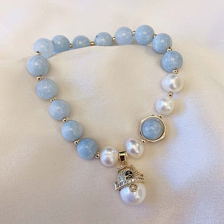 Buddha Stonesアクアマリンパール平和ヒーリングラッキーキャットチャームブレスレット - アクアマリン - image 1