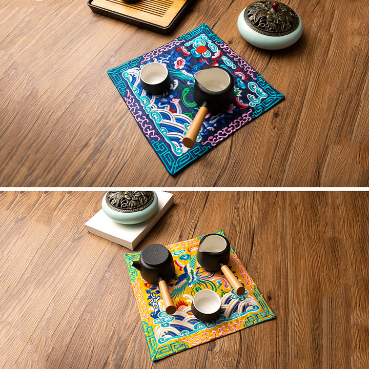 Buddha Stones鳳凰龍 麒麟刺繍 カップマットパッド ティーカップコースター カンフーティーマット