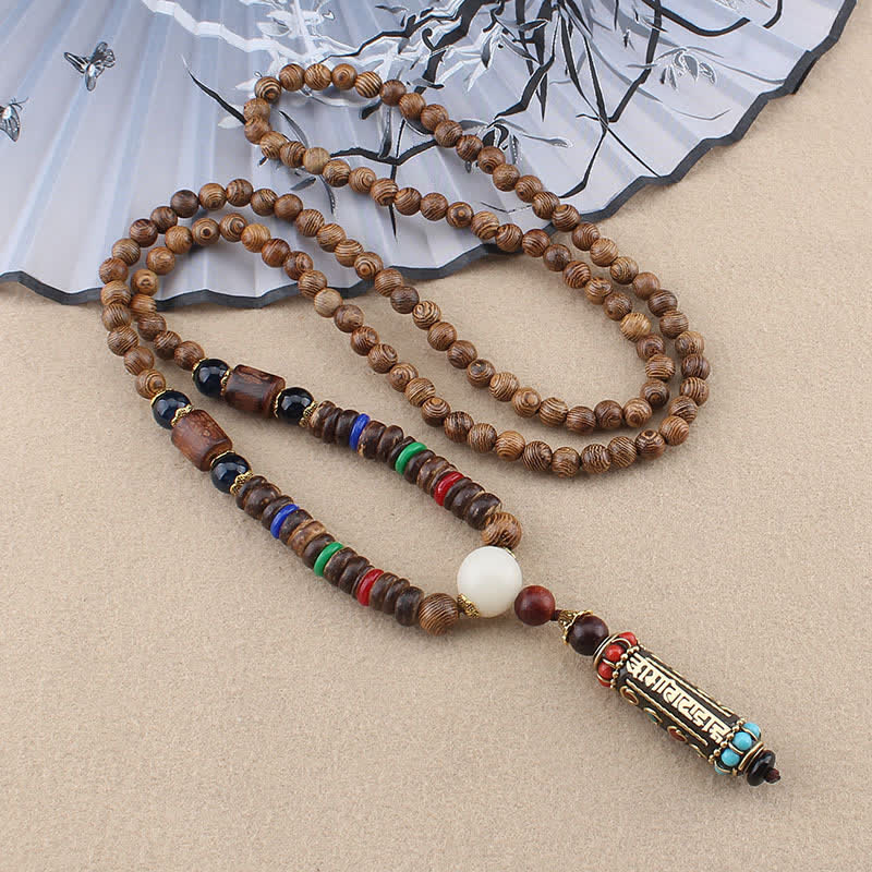 Buddha Stonesチベットオーム・マニ・パドメ・フムビーズウェンジウッドネックレスペンダント - オーム・マニ・パドメ・フムウッド ビーズ チェーン - image 0