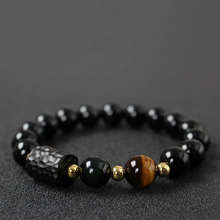 黒曜石、黒檀、赤虎目石の強さを秘めたカップルブレスレット