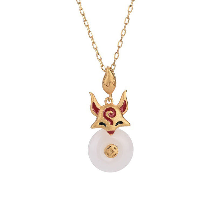 Buddha Stones白翡翠 キツネ 銅貨 守護 幸運 ネックレス ペンダント