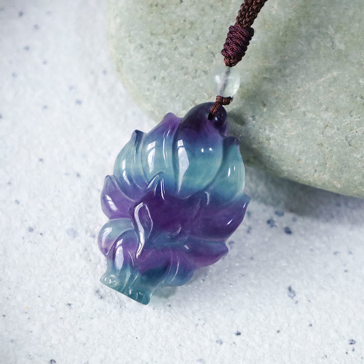 Buddha Stones天然蛍石ゴールド光沢黒曜石フォックスペンダント保護ネックレス - image 3