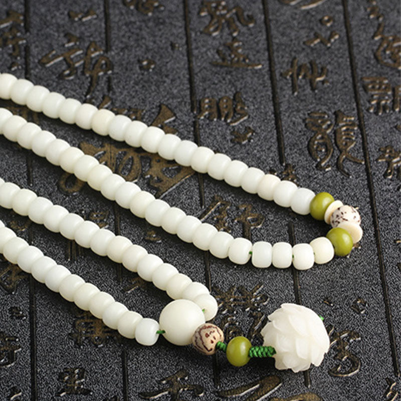 Buddha Stones 白翡翠＆菩提樹ビーズ マーラ 念珠ネックレス 蓮チャーム付き