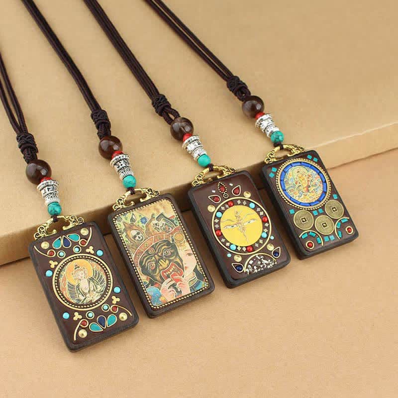 Buddha Stonesチベット 富の神 タンカ 黒檀 平和 ネックレス ペンダント