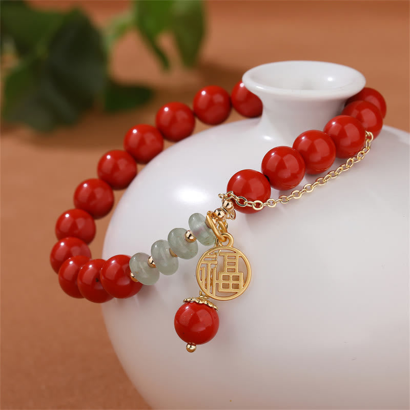 Buddha Stones辰砂 縁起の良い福の字 翡翠 落ち着いたブレスレット
