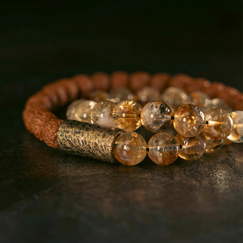 Buddha Stones天然シトリンクリスタル ルドラークシャ 菩提樹シード 真鍮ビーズ 繁栄 ダブルラップブレスレット