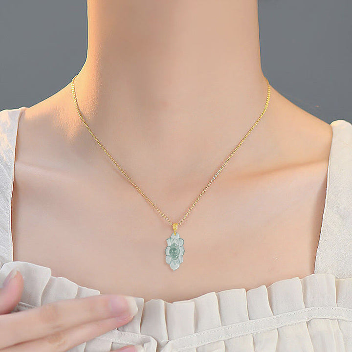 Buddha Stones 925スターリングシルバーチェーン 18Kゴールドバックル 天然翡翠 蓮の模様豊かさのネックレスペンダント - image 5