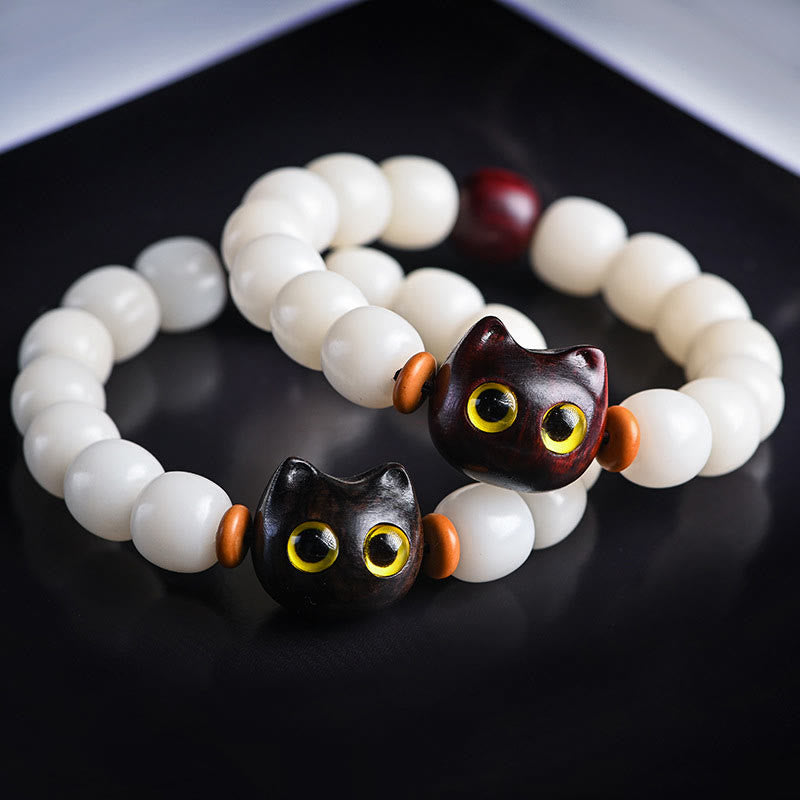 Buddha Stones天然菩提樹の小葉紫檀黒檀招き猫 知恵のブレスレット - image 1
