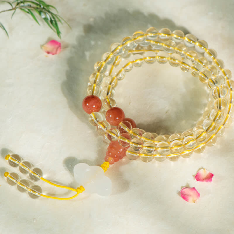 Buddha Stones 108Malaビーズ 925 スターリングシルバー 天然シトリン 赤瑪瑙 白翡翠 繁栄のチャームブレスレット