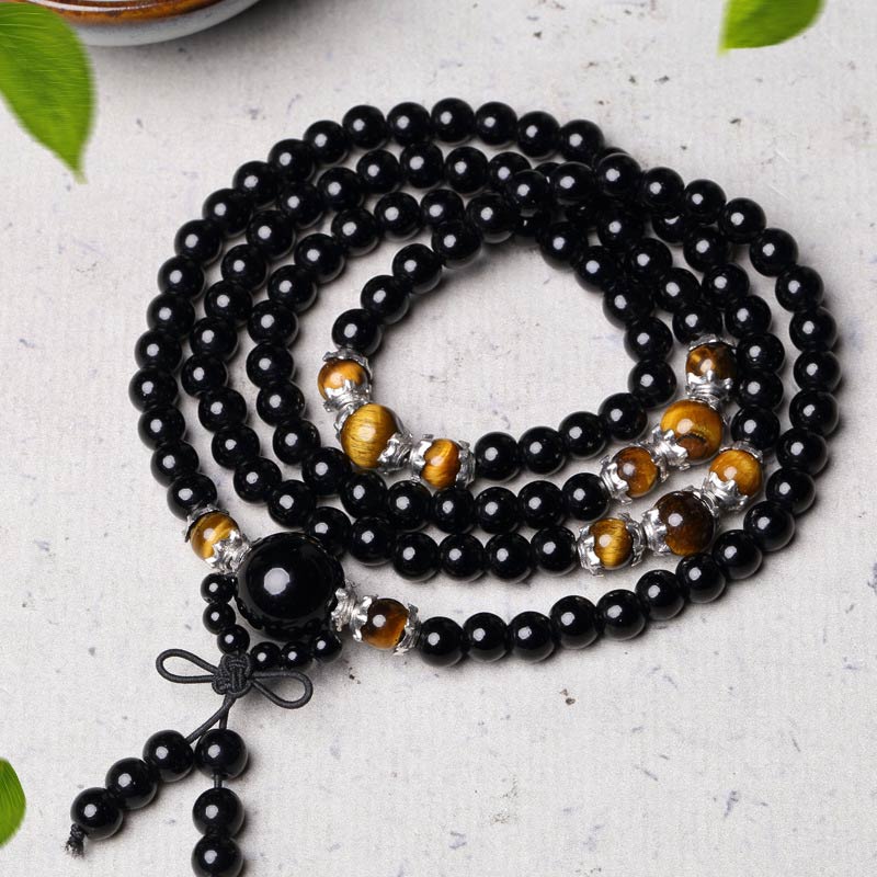 Buddha Stones 108ビーズ 天然黒曜石 タイガーアイMalaブレスレット