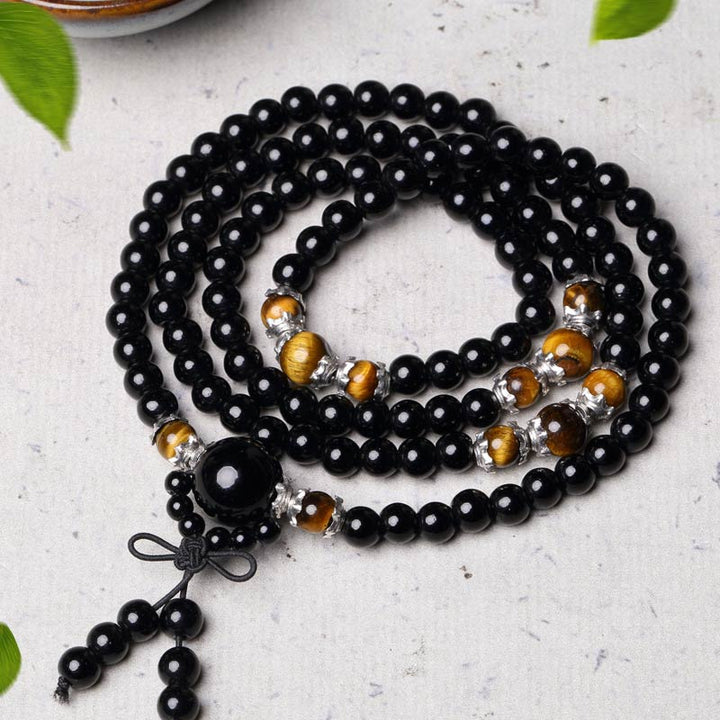 Buddha Stones 108ビーズ 天然黒曜石 タイガーアイMalaブレスレット
