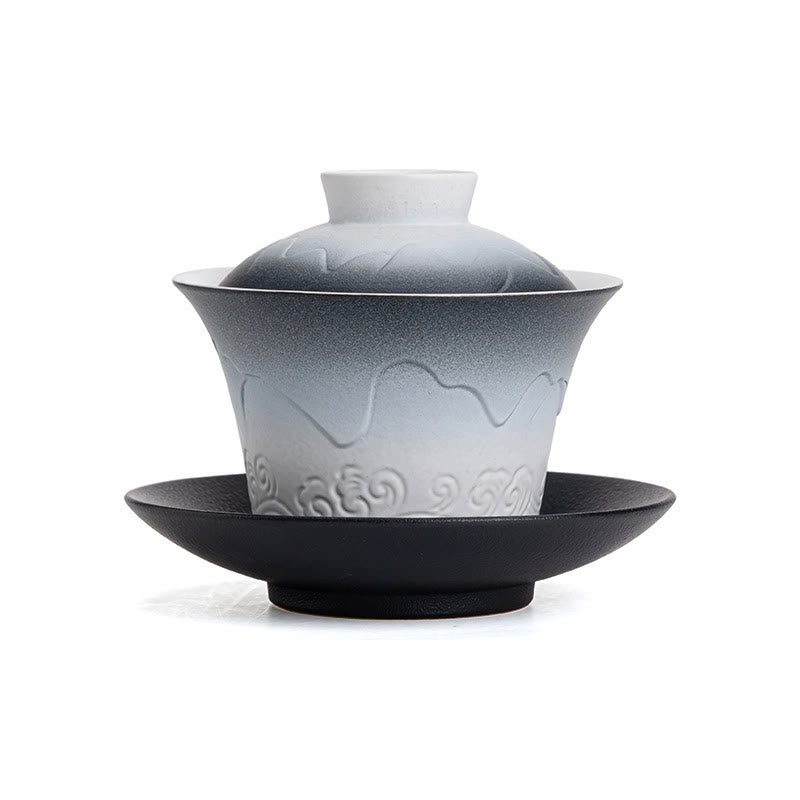 Buddha Stonesレトロブルーオーシャン海の波グラデーションセラミック蓋湾三彩ティーカップカンフーティーカップとソーサー蓋付き