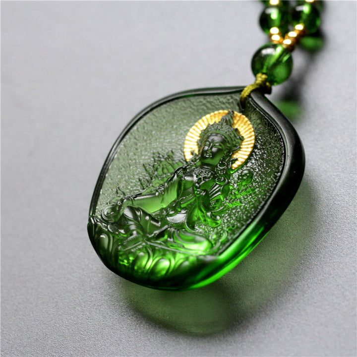 Buddha Stonesチベット グリーン ターラ仏 金メッキ リュウリ クリスタル 守護 ネックレス ペンダント - image 3