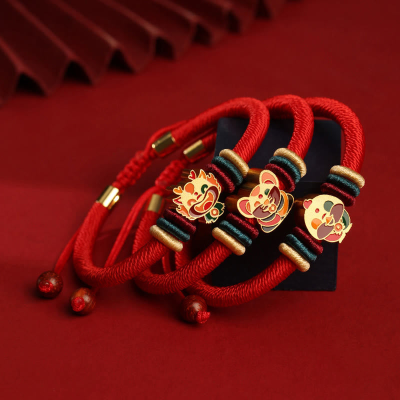 Buddha Stonesハンドメイド925スターリングシルバードラゴン年かわいい中国の十二支幸運編み込みレッドブレスレット
