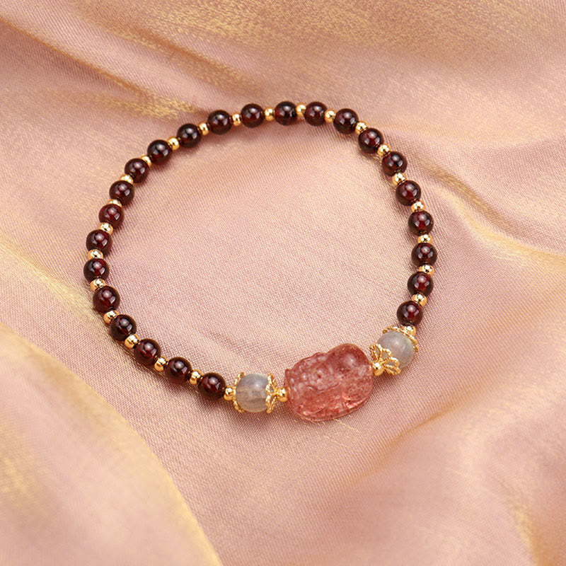 Buddha Stones天然トルマリンガーネット ストロベリークォーツ 貔貅ムーンストーン守護ブレスレット