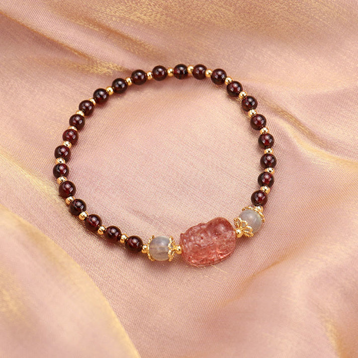 Buddha Stones天然トルマリンガーネット ストロベリークォーツ 貔貅ムーンストーン守護ブレスレット