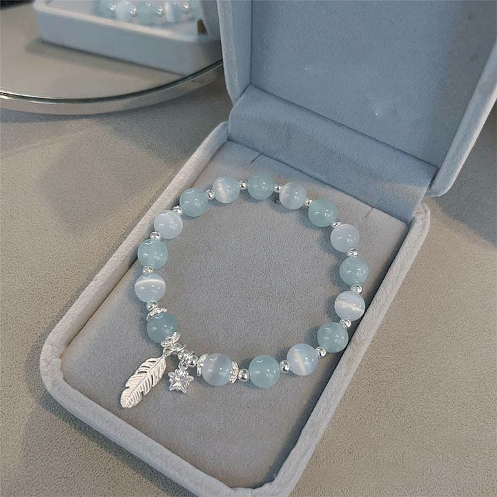 Buddha Stones 925スターリングシルバー アクアマリン キャッツアイ ヒーリングフェザースターチャームブレスレット