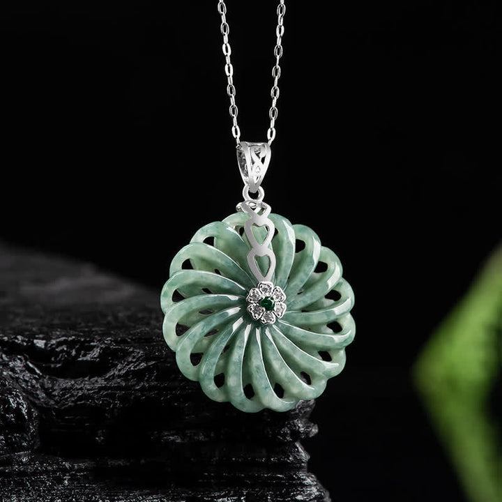 Buddha Stones925スターリングシルバー 天然ラウンド翡翠 ピースバックル 豊穣のネックレスペンダント
