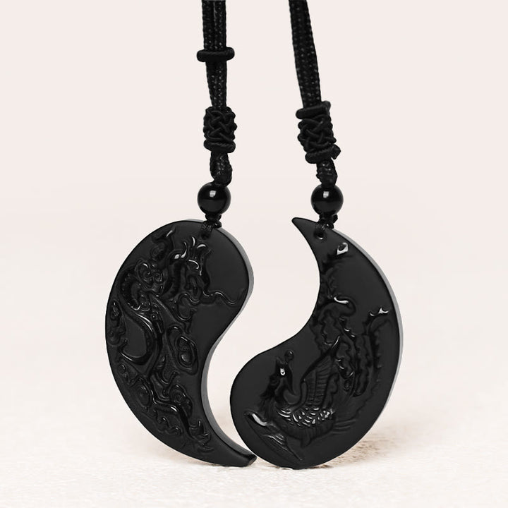 Buddha Stones黒曜石 陰陽龍鳳凰 幸運のネックレスペンダント - image 2