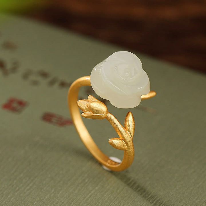 Buddha Stones925 スターリングシルバー ゴールドメッキ ローズフラワー 和田白翡翠 幸福リング