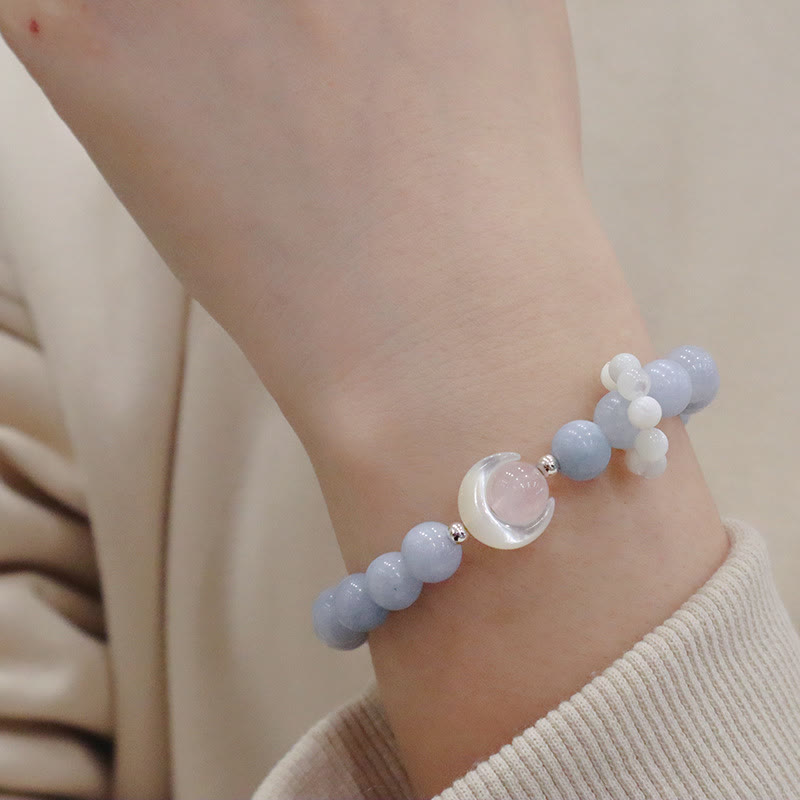 Buddha Stones 925スターリングシルバー 天然アメジスト アクアマリン ピンククリスタル キャッツアイ ヒーリング クレセントムーンブレスレット