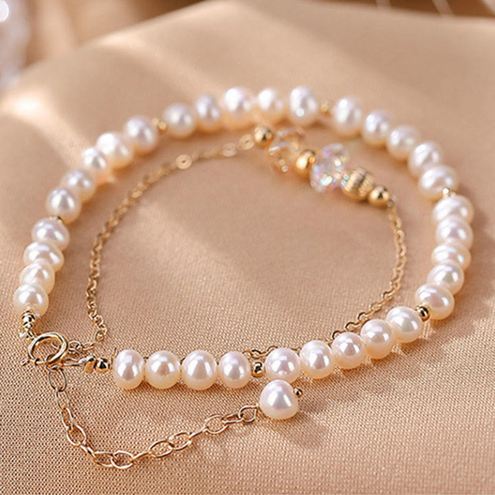 Buddha Stones 925スターリングシルバーメッキ 14Kゴールド 天然パールクリスタル ヒーリング ダブルレイヤーブレスレット - image 6