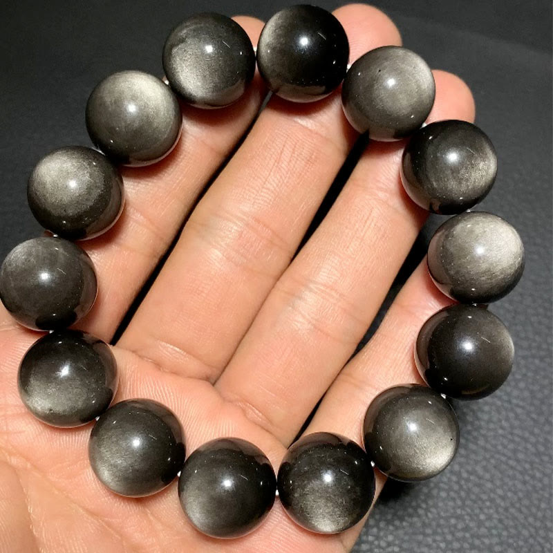 Buddha Stones天然銀光沢黒曜石 癒しの保護ブレスレット