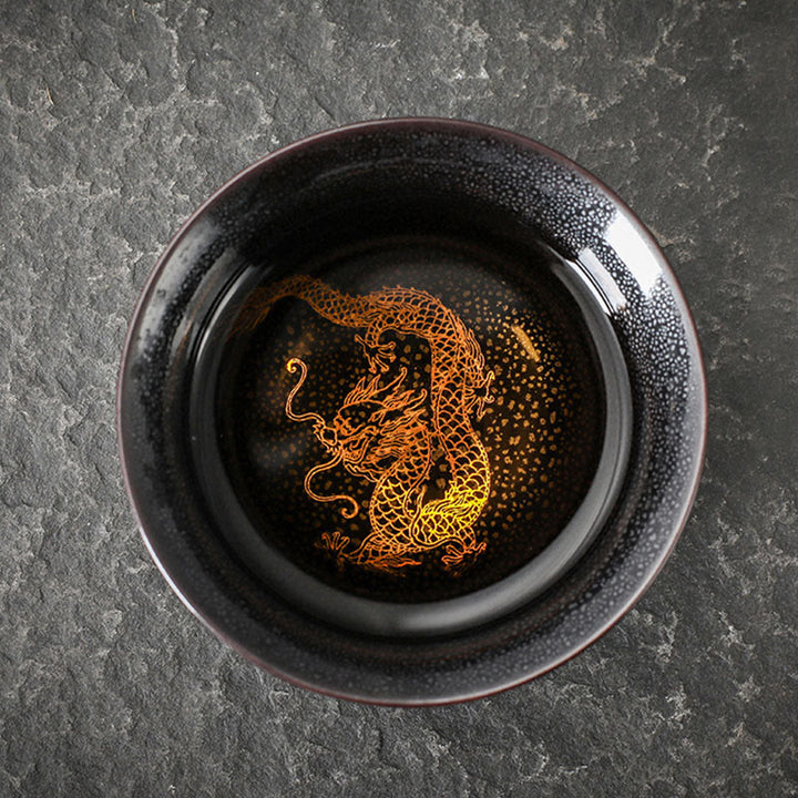 Buddha Stones 金箔中国風建瞻龍鳳蓮観音鯉陶器茶碗天目功夫茶碗 - 8.4cm×5cm×120ml - ドラゴン - image 0