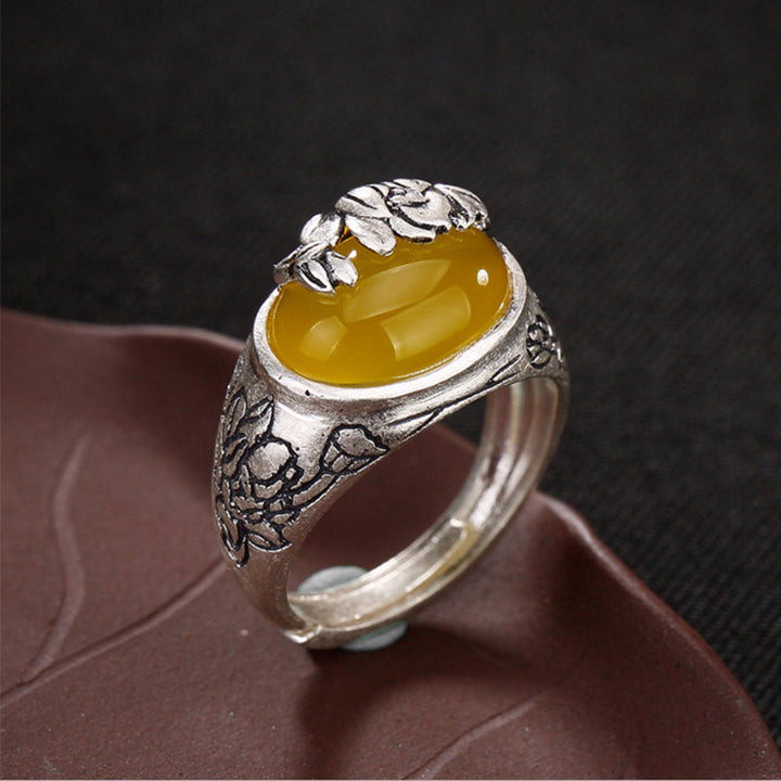 Buddha Stonesシトリン 蓮華の祝福 保護 調節可能なリング