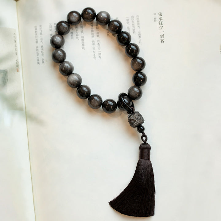 Buddha Stones天然銀光沢黒曜石 黒曜石 ライオン手首Mala保護タッセル ポケットMala車の装飾