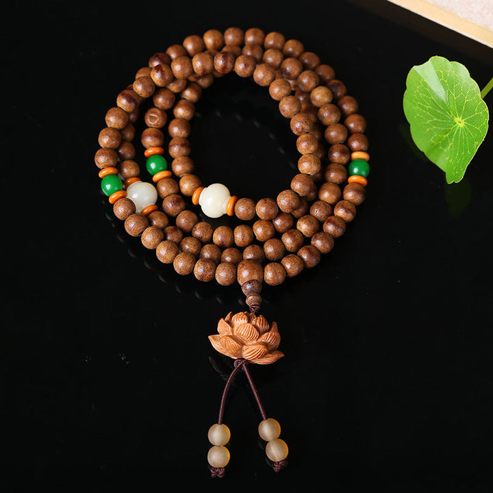 Buddha Stones108 個入りMalaビーズ 桃の木 菩提樹 蓮 祈り 瞑想 ブレスレット