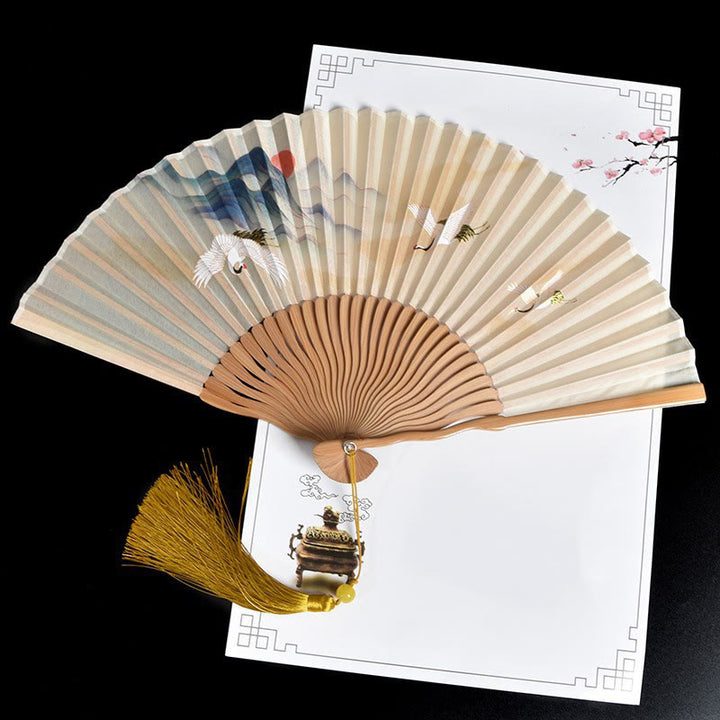 Buddha Stonesヴィンテージ雲鶴柄手持ち竹扇子